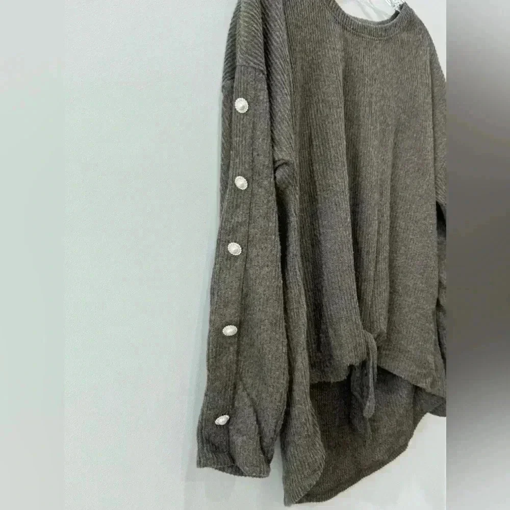 New York Laundry Crewneck Ribbed Sweater with Tie Front - Size M